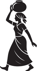 Silhouette of a Woman Carrying a Pot on Her Head in Traditional Indian Attire Vector
