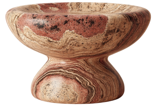 A rounded, shallow bowl with a wide, tapered base.  Natural stone, reddish-pink and beige, with swirling patterns
