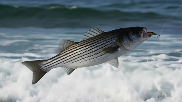 Striped Bass Caught in Ocean Surf - A powerful striped bass leaps from the ocean surf, hooked on a fishing line. The fish is dramatically silhouetted against the white water and dark ocean waves.