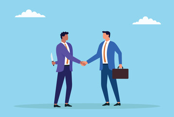 Vector illustration of two businessmen shaking hands, while one hides a knife behind his back, symbolizing betrayal, deception, distrust, and hidden malicious intentions in business deals
