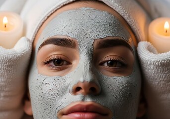 Fototapeta premium Closeup of a woman with a gray face mask wearing a white towel on her head and lit candles flanking her