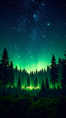 Naklejka premium Green Aurora Borealis Forest Night.