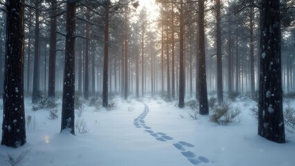 Naklejka premium Serene Winter Forest Path Bathed in Golden Sunlight with Footprints