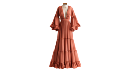 Elegant terracotta tiered maxi dress with ruffled bell sleeves and deep V-neckline