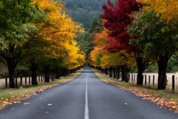 Obraz premium Long road through vibrant autumn foliage in rural area Generative AI