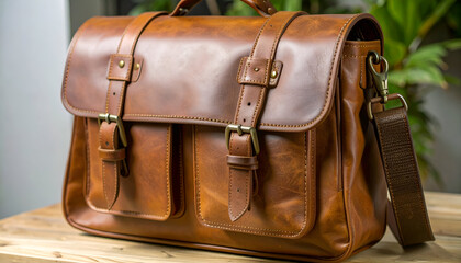 Brown Leather Briefcase on Wood.