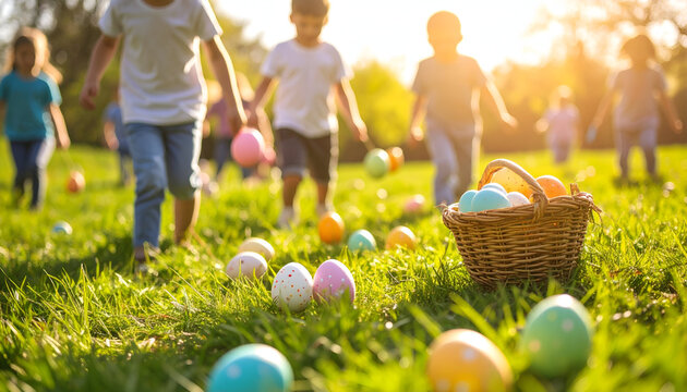 Kids Easter egg hunt with spring park.