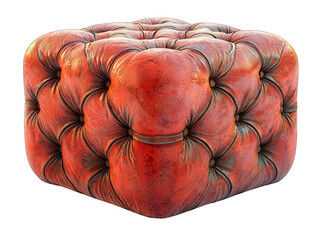 Rustic red leather cube ottoman.  Detailed tufted upholstery