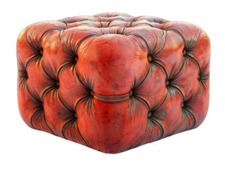 Rustic red leather cube ottoman.  Detailed tufted upholstery