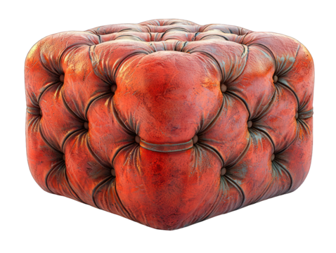 Rustic red leather cube ottoman.  Detailed tufted upholstery
