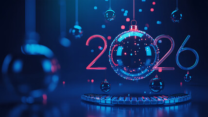 Stunning neon new year 2026 design with glowing baubles and piano keys