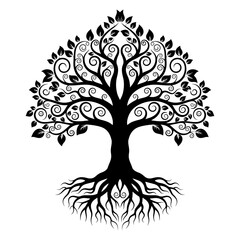 Obraz premium Black silhouette of ornamental tree with swirling branches and roots vector illustration