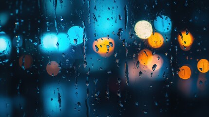 raindrops on a window, night city lights, blurry lights, a blue color scheme, depth of field, phone wallpaper in the style of night city lights, blurry lights, a blue color scheme, depth of field