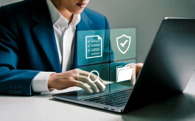 Secure data management with a sleek, modern laptop interface for enhanced online privacy and compliance in today's digital workplace