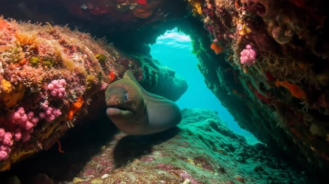 Moray Eel Emerging from Underwater Cave - A large moray eel peeks out from a crevice within a vibrant underwater cave.