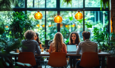 Young professionals collaborating on startup business project in modern bright office with plants and hanging lights, teamwork discussion with laptops and coffee cups, creative workspace environment