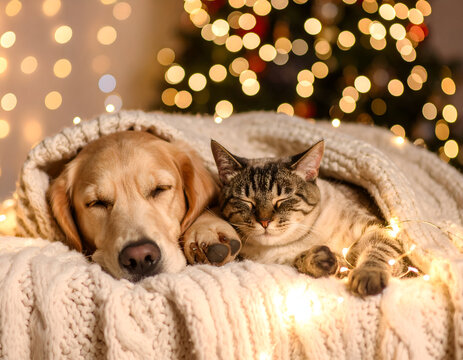 Cozy Christmas dog cat nap.