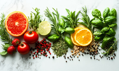 Fresh colorful assortment of citrus fruits, tomatoes, strawberries, herbs, and spices arranged on white marble surface highlighting natural ingredients and healthy food concepts