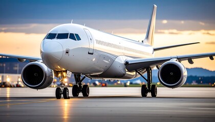 Passenger jet on airport tarmac at sunset