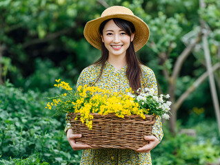 woman holding a wicker basket filled wit