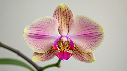 Obraz premium A single orchid flower in extreme close-up with soft neutral background, fine texture and natural translucency,