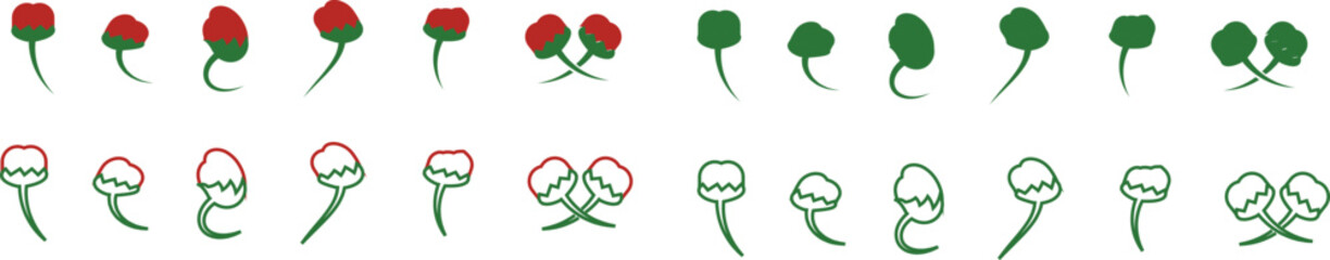 Chili pepper icon set, capsicum collection hot spice vector group, jalapeno silhouette and outline, cayenne symbol bundle, vegetable pictogram pack in flat and line style for seasoning design isolated