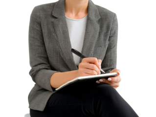 PNG of A focused female professional in a gray blazer taking notes in a notebook.