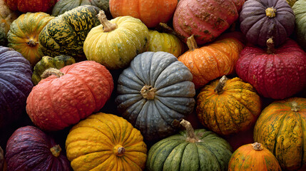 An array of pumpkins in vivid colors with multiple sizes and shapes, suited for seasonal decor, harvest-inspired meals, and celebration themes