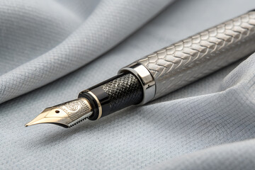 Closeup of Grey and Silver Fountain Pen on Fabric