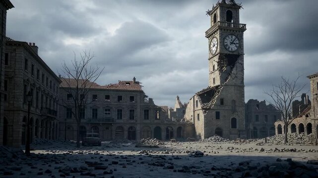 Post apocalyptic city environment with destroyed buildings and tower in a ruin cityscape animation. War aftermath concept.