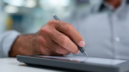 Hands using a digital signature pad for quick and secure document processing. Efficiency, paperless.