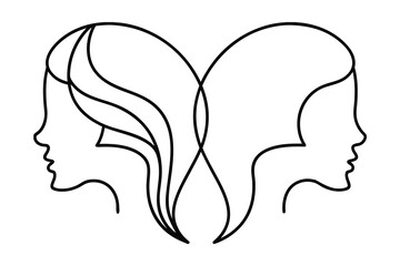 Minimalist continuous line drawing two profiles facing away from each other abstract