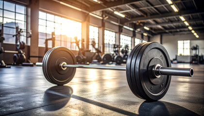 Gym barbell with weightlifting, and workout.