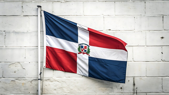 Dominican republic flag waving in the wind against a weathered brick wall
