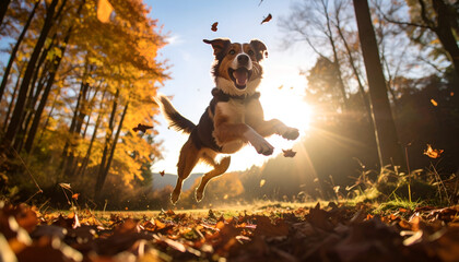 Happy dog leaping with autumn leaves.