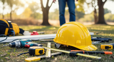 Fototapeta premium Yellow construction helmet and other tools on the grass in a construction site