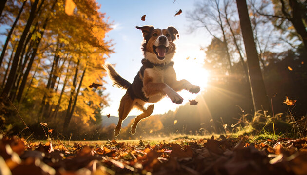 Happy dog leaping with autumn leaves.