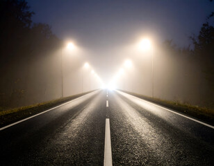 Foggy Night Road with Streetlights. (1)