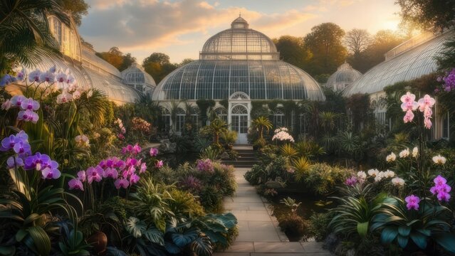 Sunset Glow Over a Grand Victorian Conservatory and Its Lush Orchid Garden
