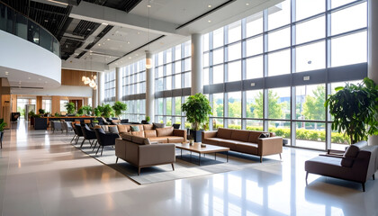 Modern office lobby with sunlit interior.