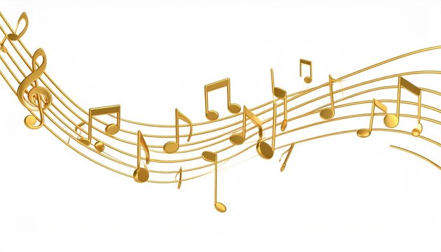 Golden music notes float in air against white background. 3D rendered musical symbols dance on wavy music staff. Abstract modern illustration. Elegant design. Creative tech art style. Stylish graphic