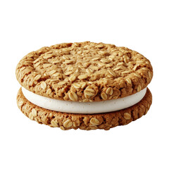 Oversized golden-brown oatmeal cream pie, crumbly texture, fluffy creamy filling, isolated on pristine transparent background with even diffused lighting, appetizing product display concept