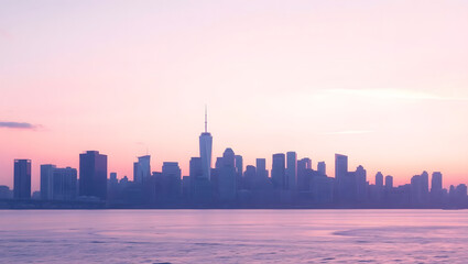 Fototapeta premium City Skyline at Sunset with Soft Pastel Pink and Purple Hues – Cinematic Serene Urban Landscape Photography