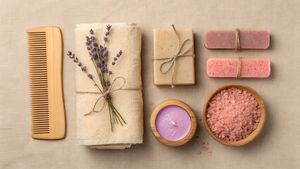 Spa and wellness set with soap, bath salts, candle and lavender