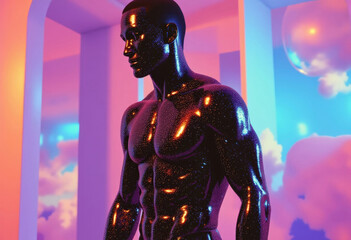 A futuristic depiction of a muscular figure in a neon-lit environment. The statue-like figure with an eye-catching glossy texture, stands in a dreamy, cloud-filled space.
