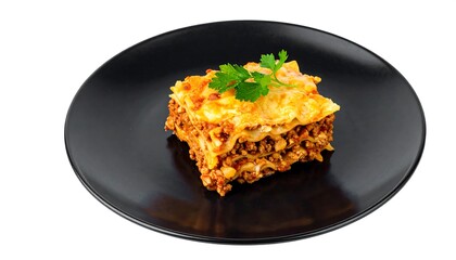 Lasagna dish on dark plate