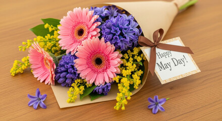 Pink gerberas, hyacinths, mimosas and star flowers bouquet for may day celebration