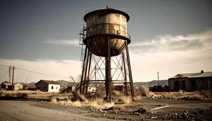 Rusty Water Tower with Desert Town.