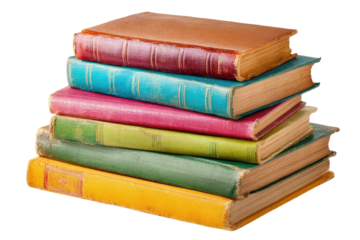 Stack of vintage books in various colors