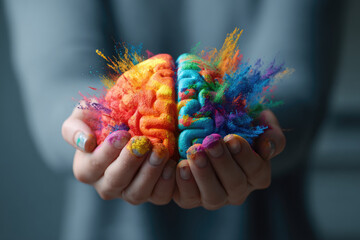 Hands holding rainbow human brain explosion, cognitive overload, creative inspiration, world mental health day, psychology and world cancer day concept